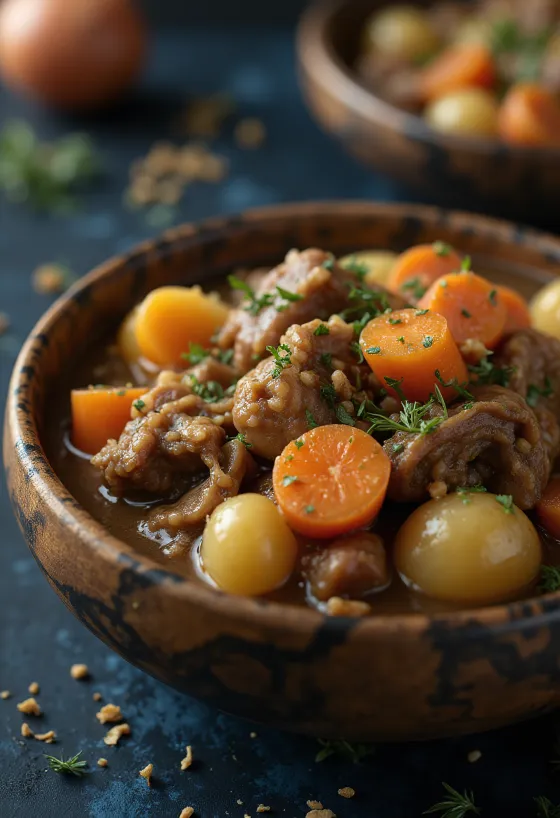 Stufato di scoiattolo servito in una ciotola rustica con pane fresco.