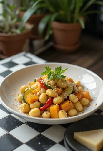 Gnocchi con zucca e verdure serviti