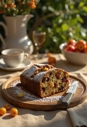 Fruit Cake inglese con frutta disidratata e spolverata di zucchero a velo