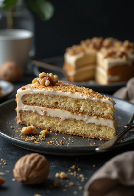Torta alla crema di noci servita