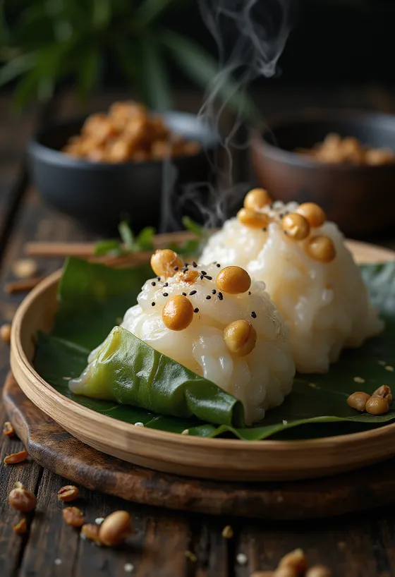 Zongzi alle arachidi, piatto asiatico servito con foglie fresche