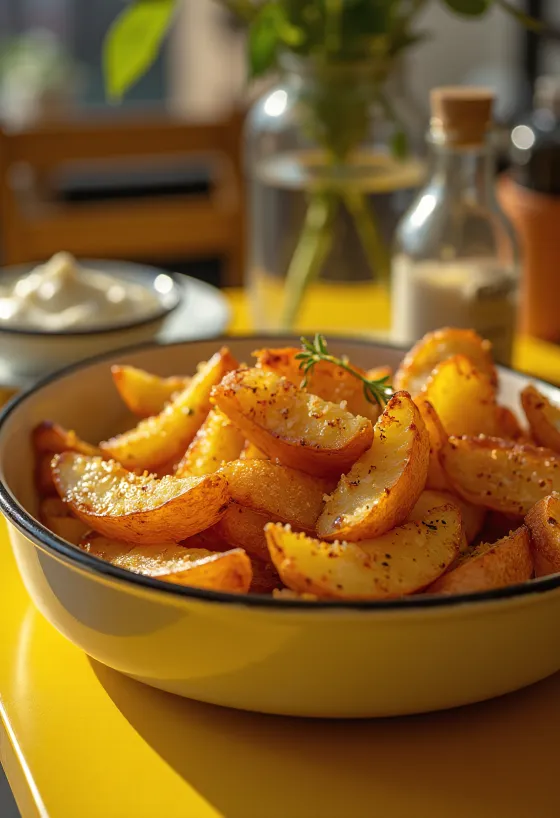 Patate speziate croccanti cotte dorate, cosparse di erbe fresche