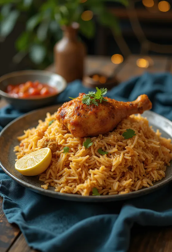 Majboos di pollo, ricco piatto di riso, servito con pezzi di pollo e coriandolo fresco