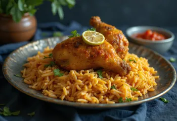 Majboos di pollo, ricco piatto di riso, servito con pezzi di pollo e coriandolo fresco