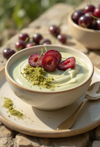 Yogurt probiotico servito con ciliegie e polvere di matcha