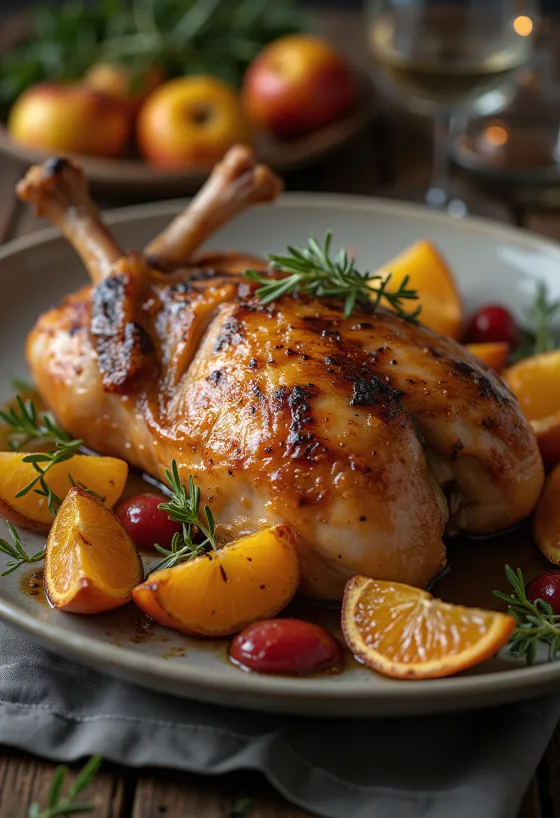Coscia d'anatra arrosto servita con contorno di frutta