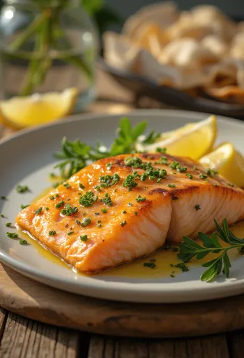 Filetto di salmone al forno con pelle croccante e decorato con fette di limone