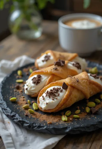 Cannoli con ripieno alla cannella decorati con pistacchio e cioccolato fondente