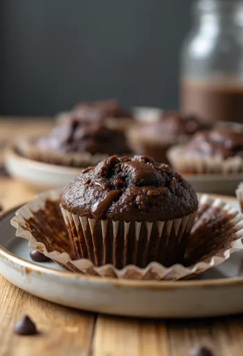 Muffin al cioccolato dorati al forno, serviti con gocce di cioccolato