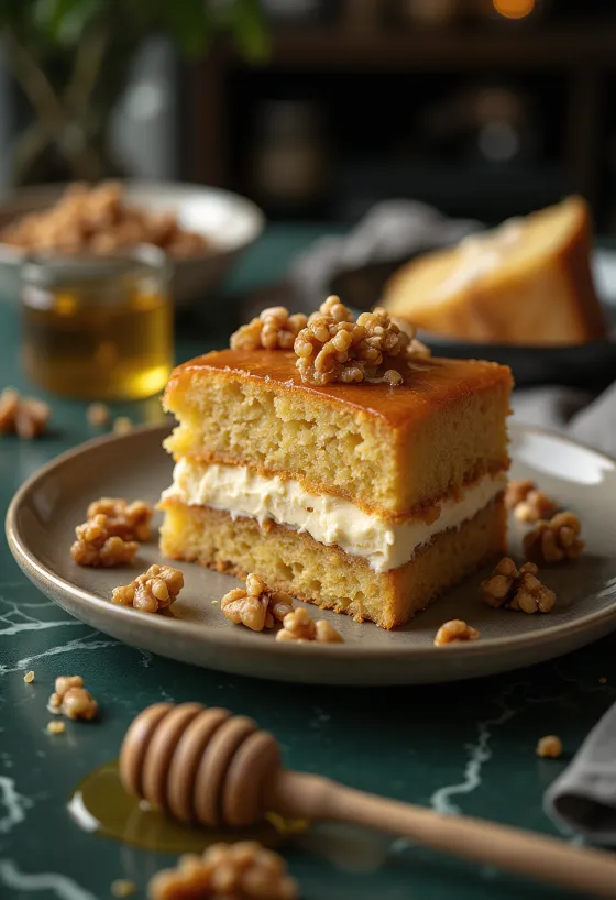 Torta alle noci e miele servita