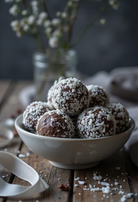 Palline di cioccolato scuro rotolate nel cocco bianco