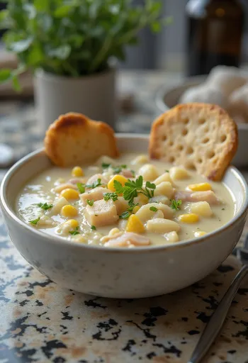 Chowder classico cremoso servito con pesce affumicato e mais