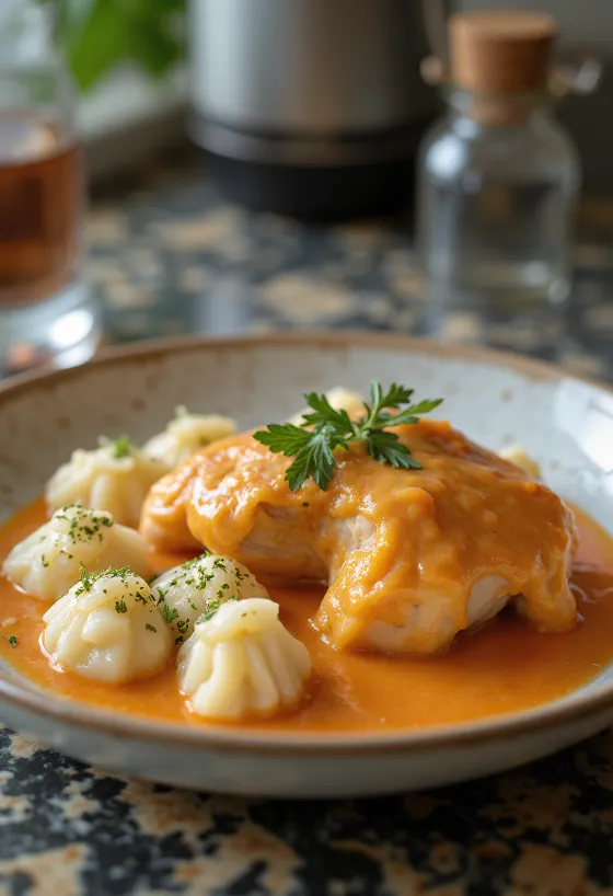 Pollo alla paprika con gnocchetti al formaggio di pecora, piatto tradizionale ungherese