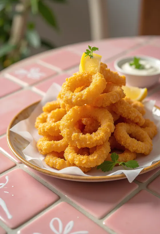Anelli di calamari fritti dorati serviti con fette di limone fresco su un piatto.
