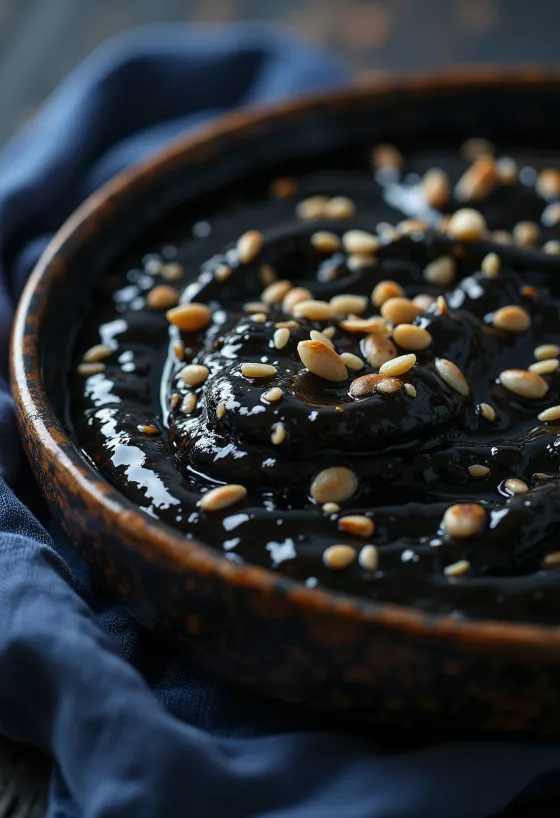 Salsa al sesamo e aglio nero in una ciotola, servita con semi di sesamo tostati e zenzero fresco.
