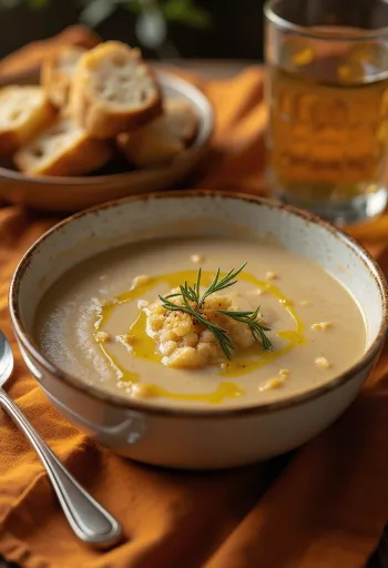 Zuppa Açorda servita con olio d'oliva, aglio e prezzemolo fresco