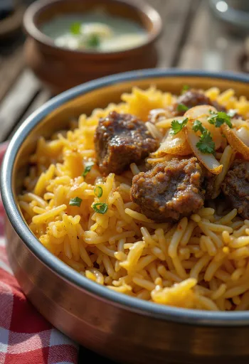 Biryani di capra, piatto di riso speziato in stile indiano