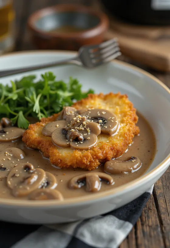 Jägerschnitzel servita con salsa ai funghi e prezzemolo