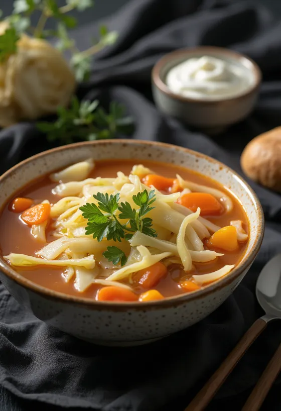 Zuppa di cavolo fumante ricca di verdure e spezie, decorata con aneto fresco.