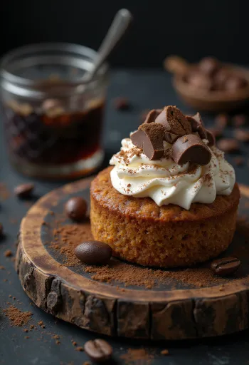 Torta al caffè e castagne servita con cacao e scaglie di cioccolato