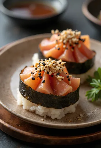 Omusubi con tonno e maionese, servito con alga nori e semi di sesamo