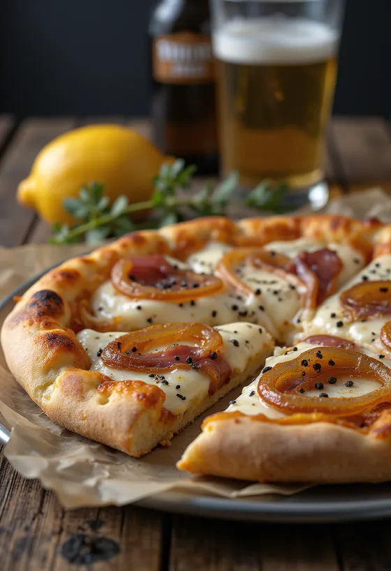 Pizza sottile con panna e pancetta
