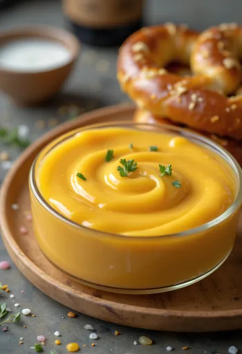 Salsa al formaggio cheddar e birra in una ciotola, decorata con prezzemolo fresco, accanto ai nachos.