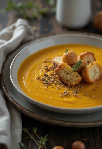 Zuppa di zucca con crostini speziati servita