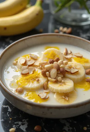 Basundi alla banana, ricco dessert cremoso al latte, servito con mandorle e nocciole