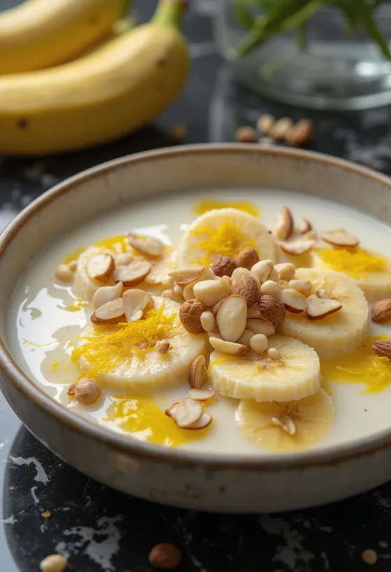 Basundi alla banana, ricco dessert cremoso al latte, servito con mandorle e nocciole