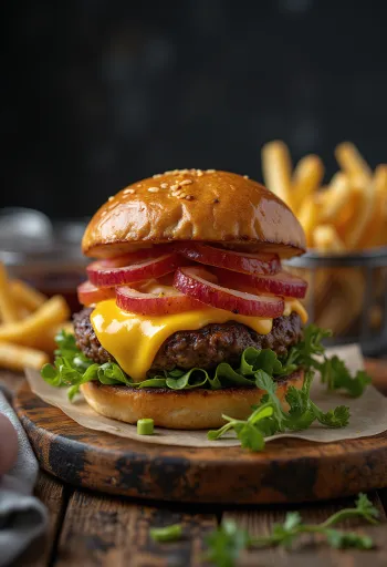 Burger di bisonte con formaggio fuso e verdure fresche