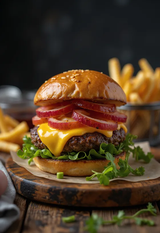 Burger di bisonte con formaggio fuso e verdure fresche