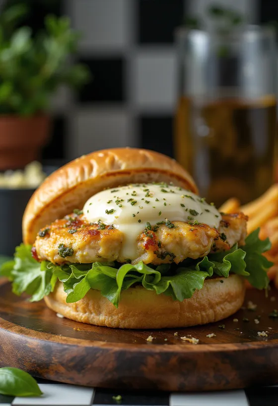 Hamburger pollo e pesto con pollo grigliato e mozzarella fusa