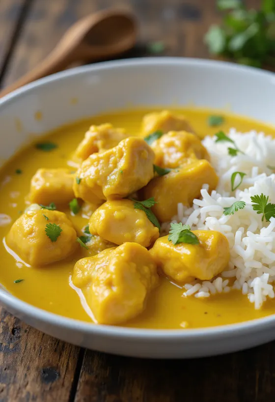 Pollo al curry servito con riso Jasmine