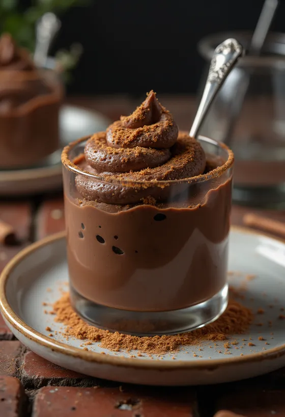 Coppetta di vetro con spuma al cioccolato e spolverata di cannella