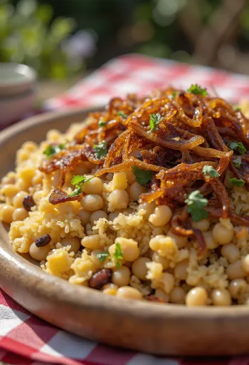 Mujaddara con bulgur, lenticchie rosse speziate e cipolle caramellate