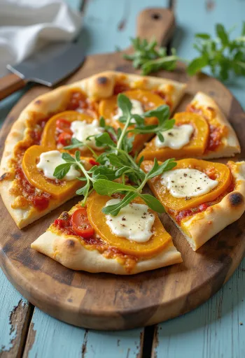 Pizza alla zucca con formaggio vegano servita