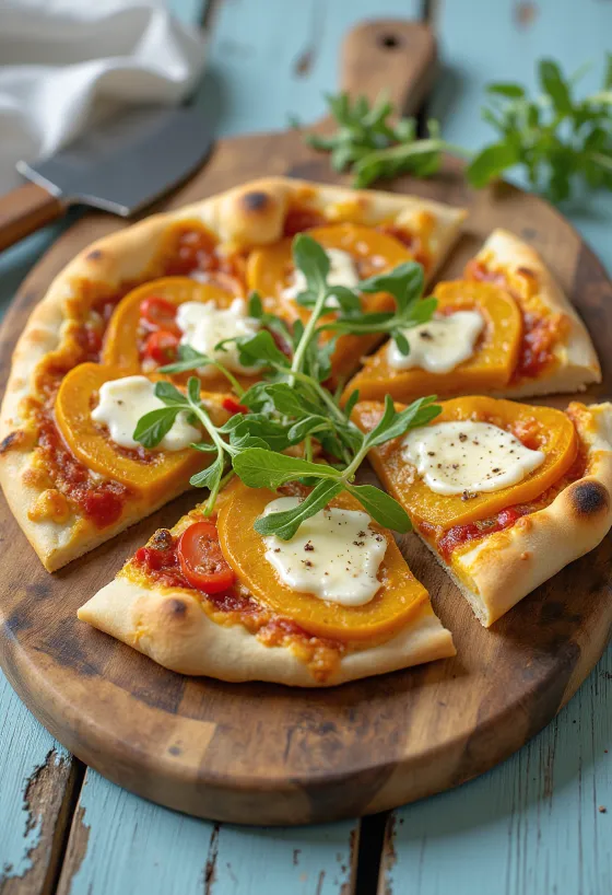 Pizza alla zucca con formaggio vegano servita
