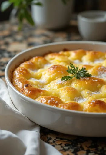 Clafoutis alla ricotta fresco e dorato, servito