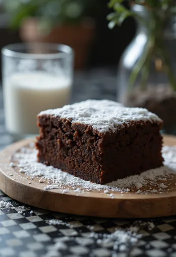 Torta soffice al cacao tagliata a fette, spolverata di zucchero a velo