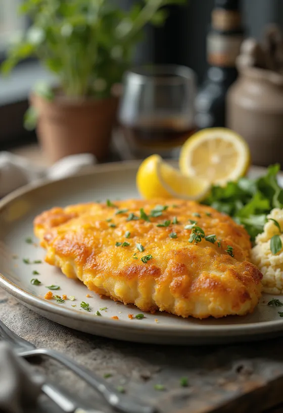 Cotoletta alla parigina fritta dorata, servita con panatura croccante