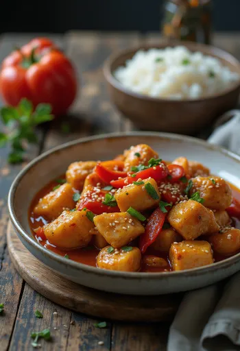 Spezzatino Moa al sesamo tostato, servito con verdure e sesamo croccante
