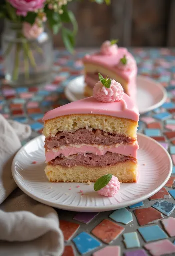 Torta al punch ricoperta di glassa rosa, decorata con strisce di cioccolato e servita con frutta candita.
