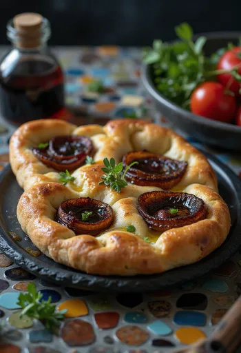 Focaccia con cipolla rossa e aceto balsamico su vassoio