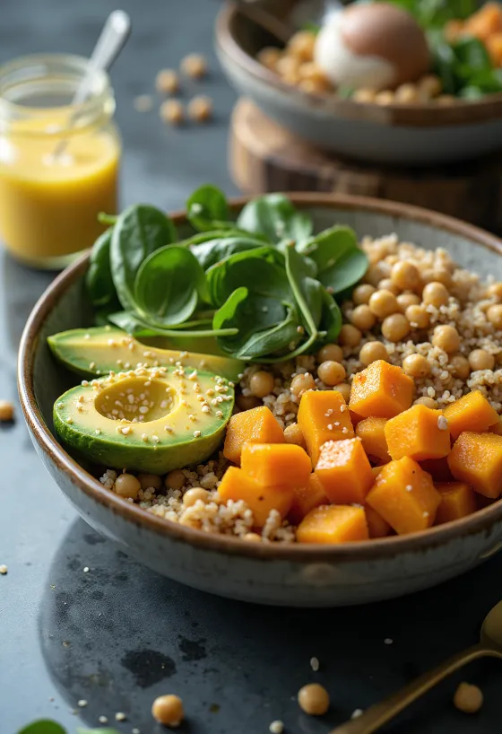 Buddha bowl con zucca e quinoa con verdure fresche