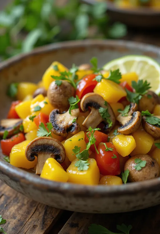 Ackee e funghi, un piatto delizioso servito con coriandolo fresco e fette di lime