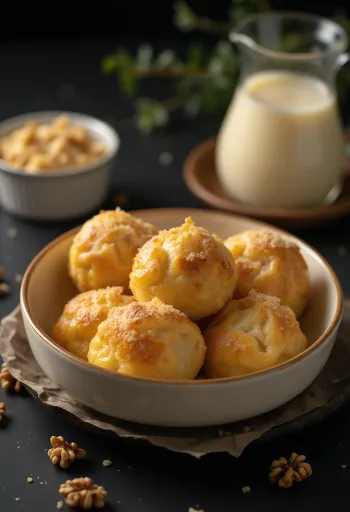 Tradizionali gnocchi dolci dorati con crema alla vaniglia, strati di noci e pasta soffice.