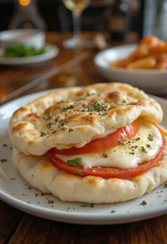 Beiju servito con pomodoro e formaggio, decorato con basilico fresco