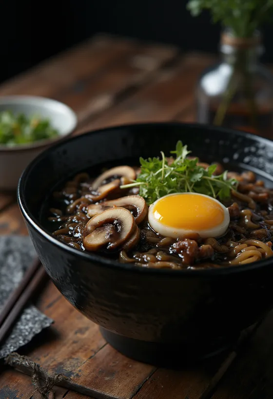 Ramen all'aglio nero servito
