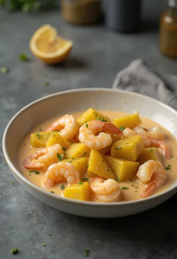 Chingri malai servito con patate